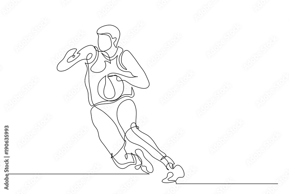 Continuous line drawing. Illustration shows a basketball player in the attack. Sport. Basketball. Vector illustration Continuous line drawing. Illustration shows a basketball player in the attack. Sport. Basketball. Vector illustration