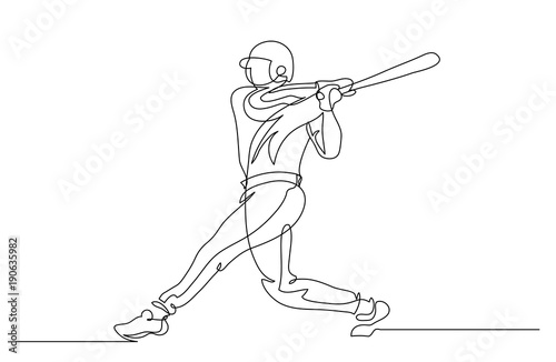 Continuous line drawing. Illustration shows a player beats a baseball bat on the ball. Sport. Baseball. Vector illustration