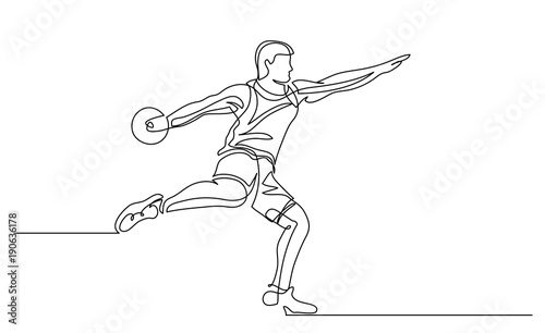 Continuous line drawing. Illustration shows a athlete throwing disc. Sport. Discus. Vector illustration