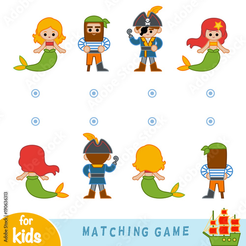 Matching game. Find the front and back of the fairy-tale characters, mermaids and pirates