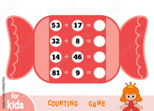 Counting Game for Children. Addition worksheets on the background of a big candy