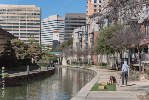 Fototapeta Naklejka Na Ścianę i Meble -  Unidentified people walk dog along winding Mandalay Canal in Irving, Texas, USA