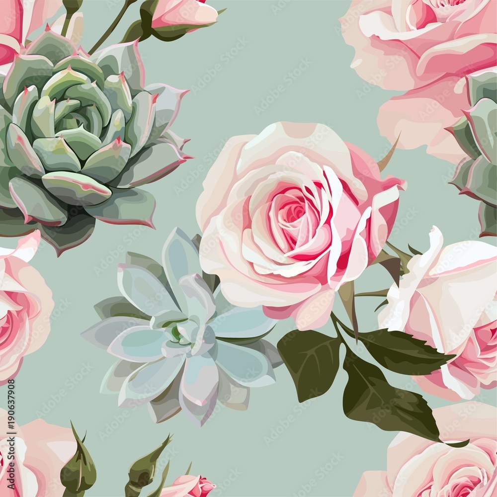 Succulents and roses vector seamless pattern