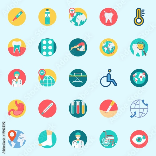 icons set about Medical. with yoga, stretcher, sprain, thermometer, surgery and location
