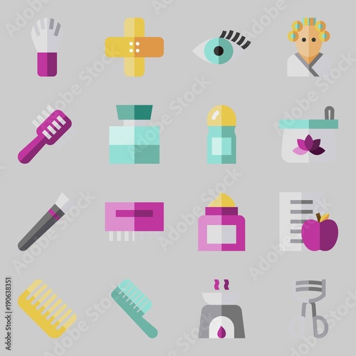 icons set about Beauty. with band aid, deodorant, eyelash, cosmetics, eyelashes curler and diet