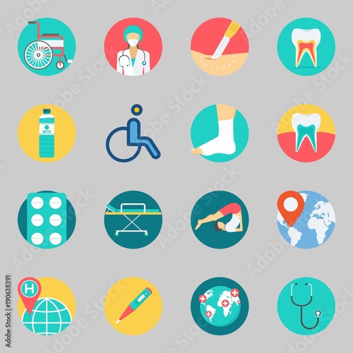 Icons set about Medical. with stretcher, stethoscope and thermometer