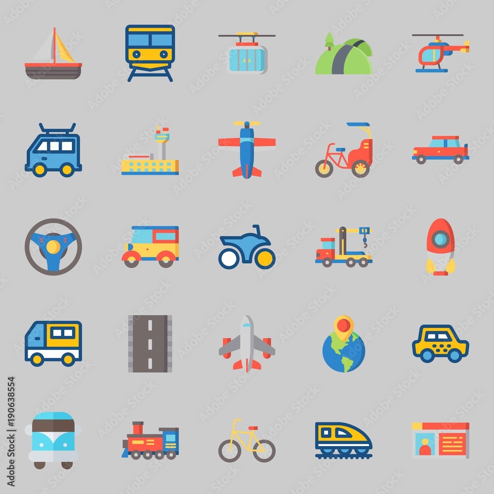 icons set about Transportation. with taxi, crane, van, driving license, destination and airplane