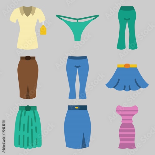 Icon set about Women Clothes with keywords shirt  pants  skirt  dress and thong