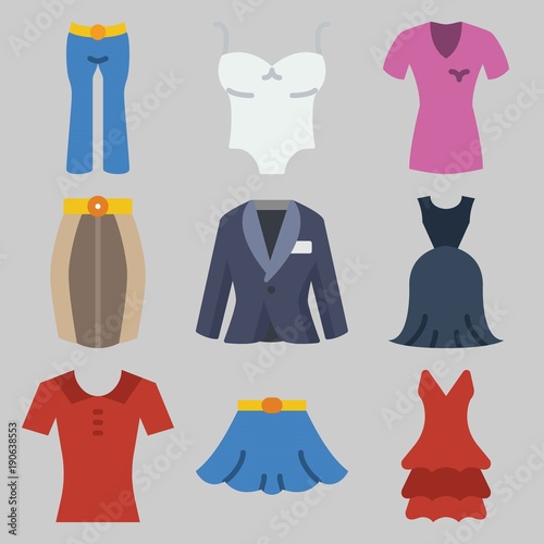 Icon set about Women Clothes with keywords shirt, skirt, dress, trousers, sleeveless and suit