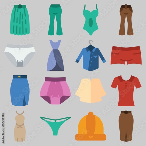 Icon set about Women Clothes with keywords pants, shirt, skirt, dress, thong and swimsuit