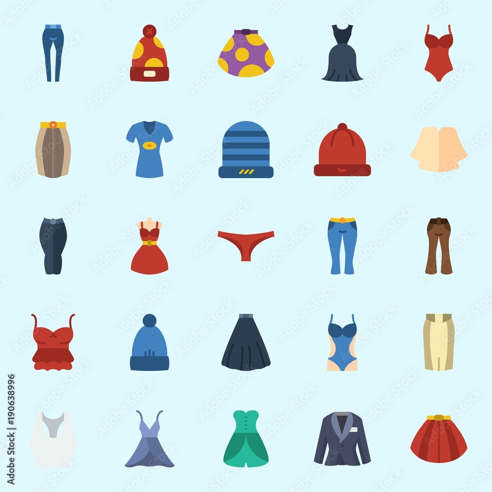 icons set about Women Clothes. with dress, suit, pants, winter hat, sleeveless and skirt icons set about Women Clothes. with dress, suit, pants, winter hat, sleeveless and skirt