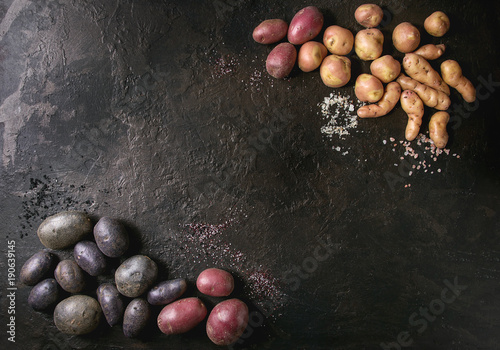 Variety of raw uncooked organic potatoes different kind and colors red, yellow, purple with various of salt over dark texture background. Top view, copy space