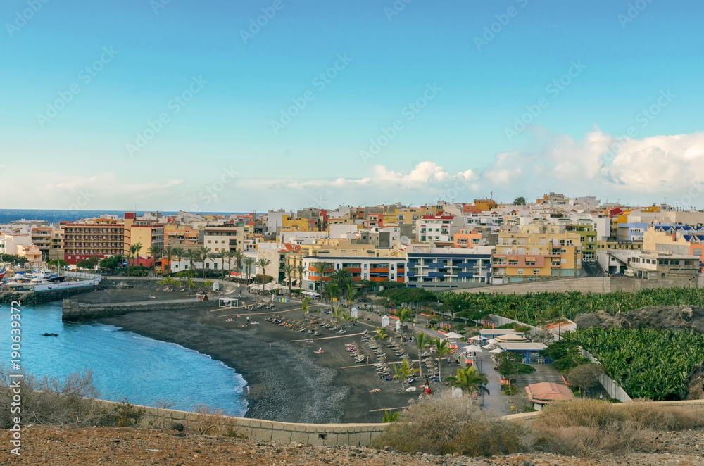 View of Playa de San Juan, This beach  with gold sand located in Guía de Isora on the south west coast of Tenerife,Canary Islands.