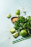 Ingredients for making mojito cocktail. Bundle of fresh mint, whole and sliced limes, brown sugar, crashed ice cubes, glass of soda water, cocktail tubes over green pin up background.