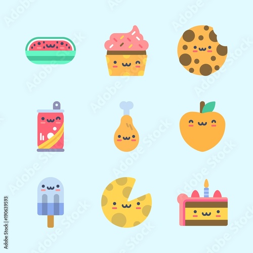 Icons about Food with cookie, chicken leg, cake, soda, peach and watermelon