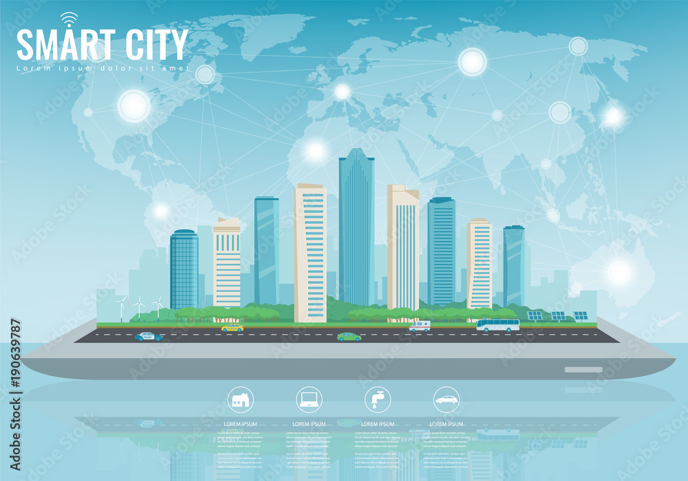 Smart city on a digital touch screen tablet with different icon. City with infographic elements. Vector