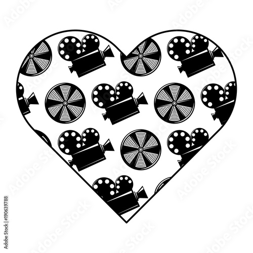 label heart with movie camera projector and reel film vector illustration black and white image design