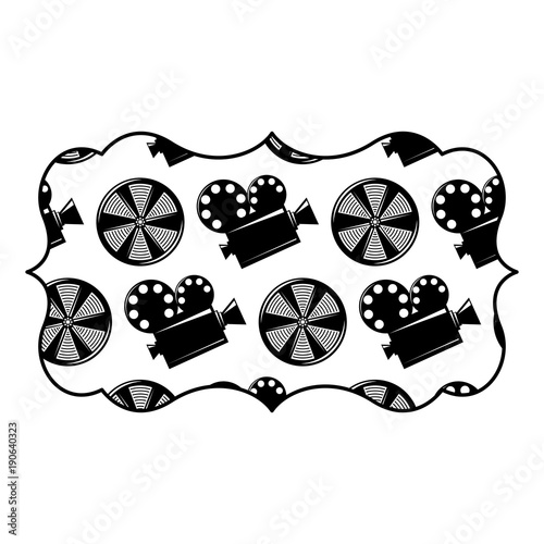 vintage label with movie camera projector and reel film vector illustration black and white image design