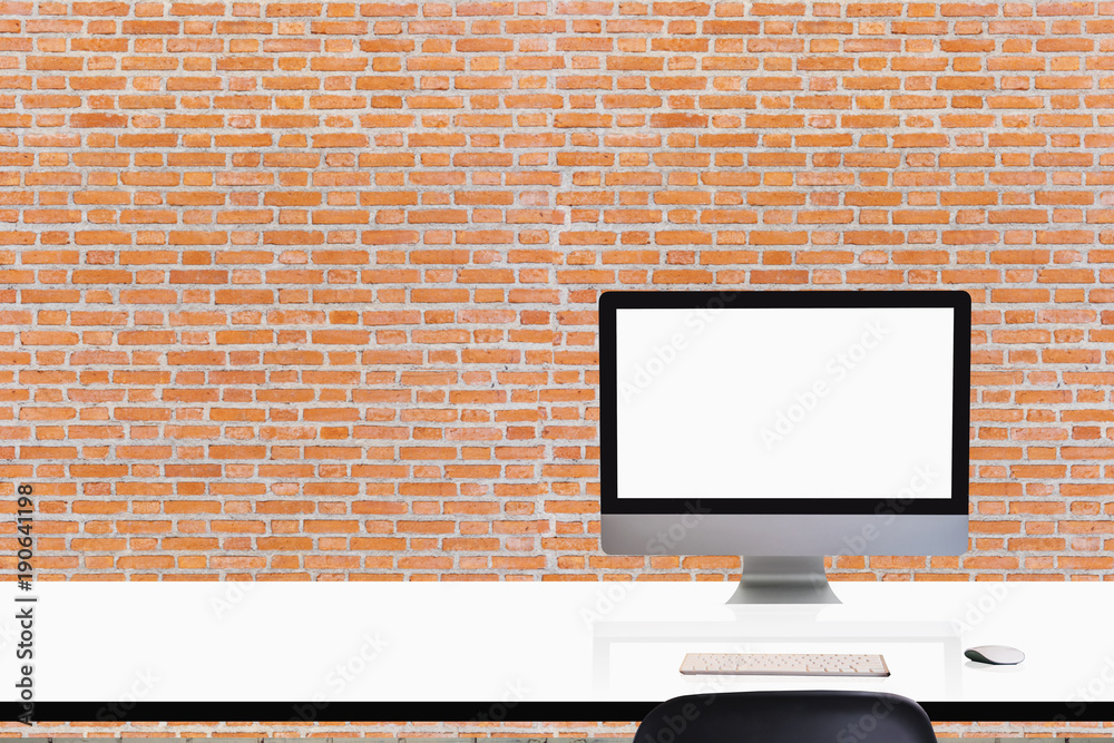 Fototapeta premium Comfortable workplace with modern desktop computer. Blank screen for graphic display montage.