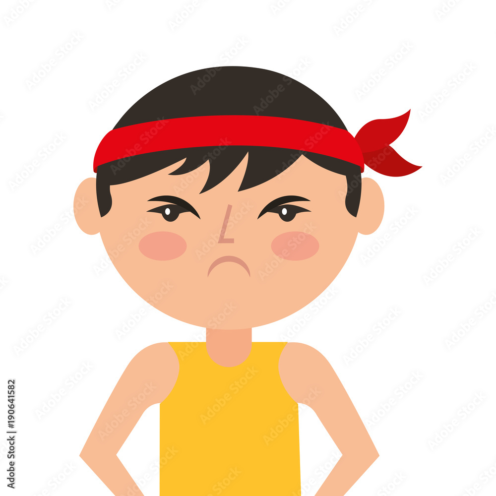 portrait cartoon angry man chinese with head band vector illustration