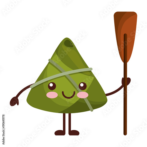 kawaii happy rice dumpling holding wooden oar vector illustration