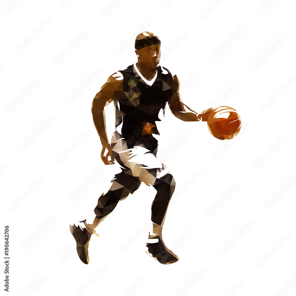 Fototapeta premium Polygonal basketball player running with ball, geometric vector illustration