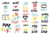 Set of 15 children logo with handwriting Little boy,Sweet girl, Hi, Princess, Baby, Hello, One, Play, Super, Number, Star.
