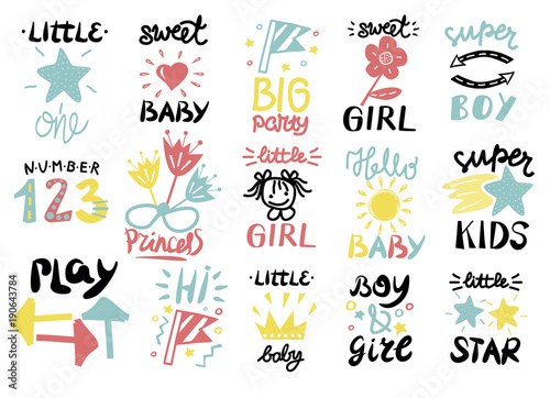 Set of 15 children logo with handwriting Little boy,Sweet girl, Hi, Princess, Baby, Hello, One, Play, Super, Number, Star.