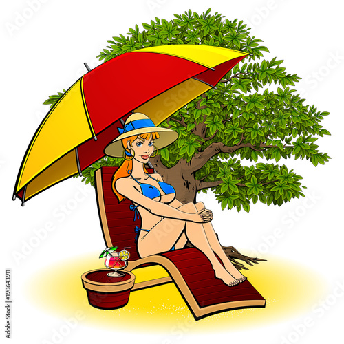 Sexy girl sunbathing in a blue swimsuit. Beach umbrella, chaise longue, alcoholic cocktail, sand and a large tropical tree.
