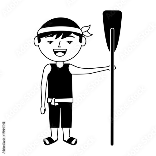 funny cartoon chinese man standing holding wooden oar vector illustration black and white design