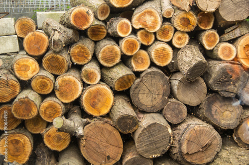 Background of dry chopped firewood logs stacked up on top of each other in a pile