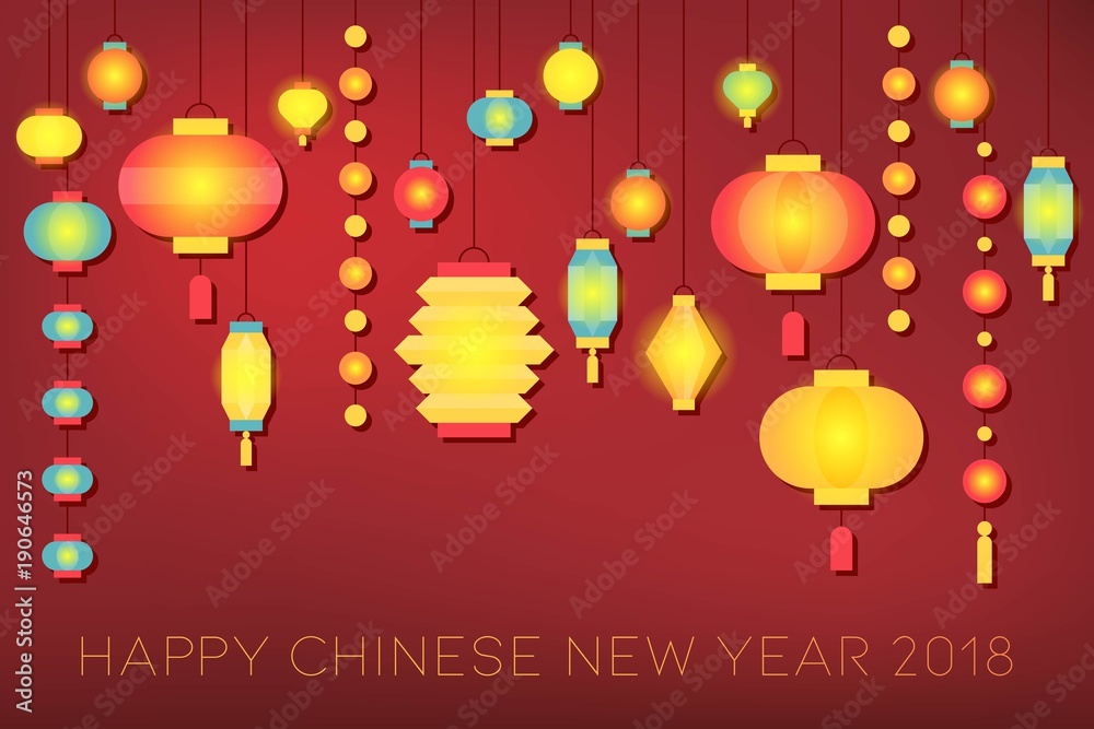 Happy Chinese new year 2018 banner with shine bright paper lantern on red background