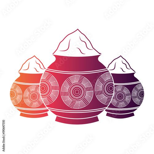 three powder color mud pot and mandala vector illustration