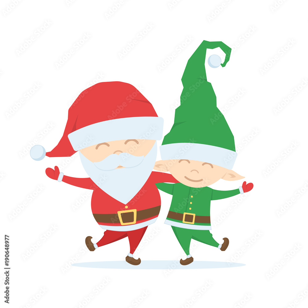 Cartoon friends. Santa Claus with Christmas Elf on white backround Cartoon friends. Santa Claus with Christmas Elf on white backround