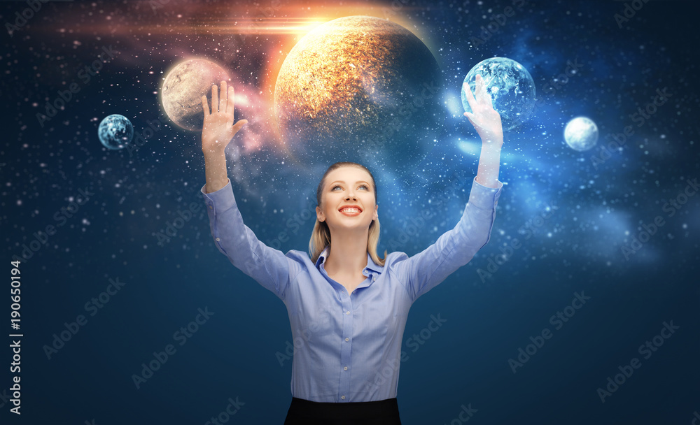 happy businesswoman with virtual planets and space happy businesswoman with virtual planets and space