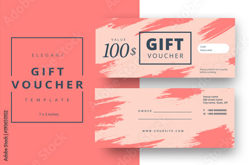 Abstract gift voucher card template. Modern discount coupon or certificate layout with artistic brush strokes pattern. Vector fashion bright background design with information sample text.