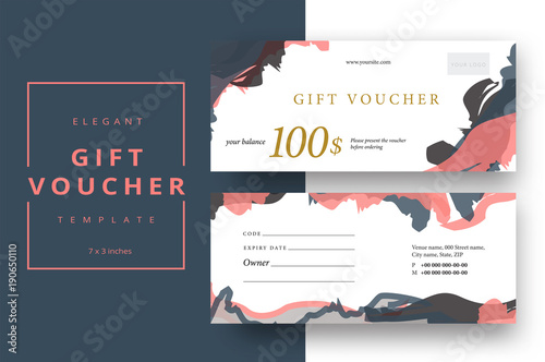 Abstract gift voucher card template. Modern discount coupon or certificate layout with artistic brush strokes pattern. Vector fashion bright background design with information sample text.
