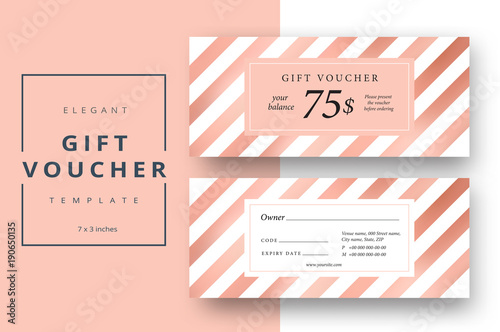 Abstract gift voucher card template. Modern discount coupon or certificate layout with bronze geometric stripe pattern. Vector fashion bright background design with information sample text.