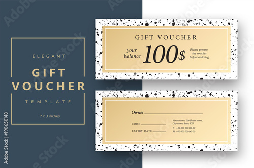 Abstract gift voucher card template. Modern discount coupon or certificate layout with black splash dot pattern. Vector fashion bright background design with information sample text.