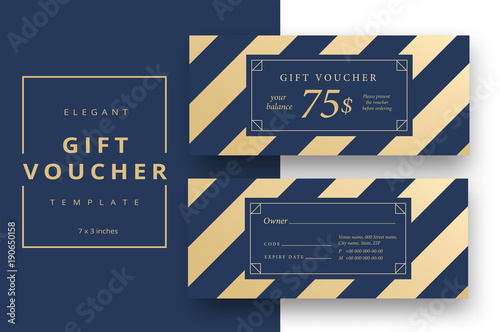 Abstract gift voucher card template. Modern discount coupon or certificate layout with bronze geometric stripe pattern. Vector fashion bright background design with information sample text.