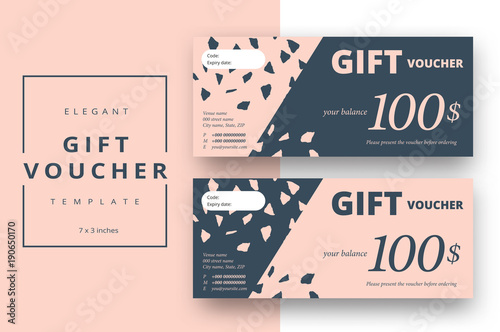 Abstract gift voucher card template. Modern discount coupon or certificate layout with artistic brush strokes pattern. Vector fashion bright background design with information sample text.