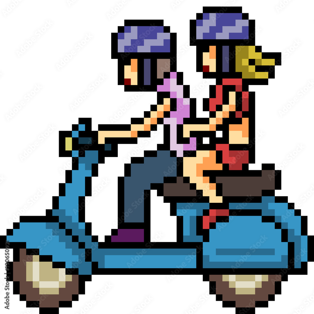 vector pixel art couple ride motorcycle