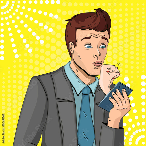 A man who is completely subordinate to his wife. Kisses the fist. Holds the phone. comic style vector illustration.