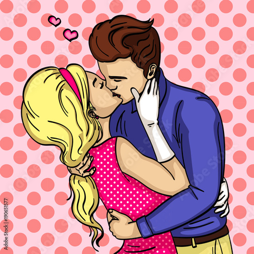 Feeling of love. The guy with the girl passionately kisses. Vector of pop art. Comic style photo