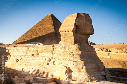 Egyptian sphinx with a ptramid in background