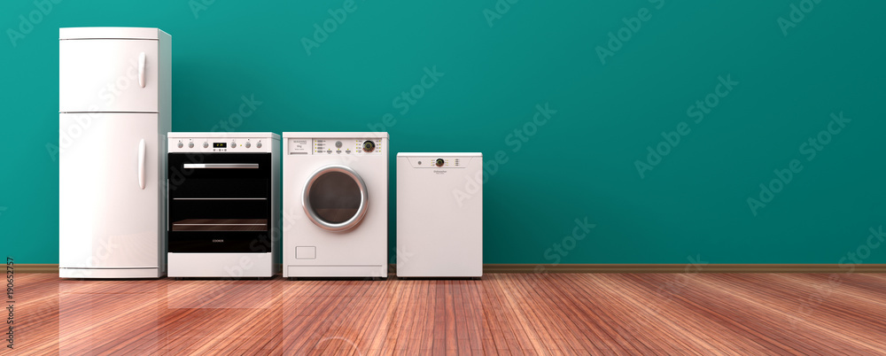 Set of home appliances on a wooden floor. 3d illustration - obrazy, fototapety, plakaty 