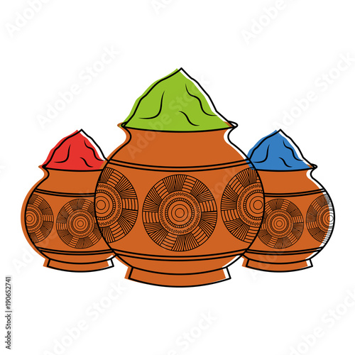 three powder color mud pot and mandala vector illustration