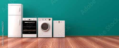 Set of home appliances on a wooden floor. 3d illustration photo