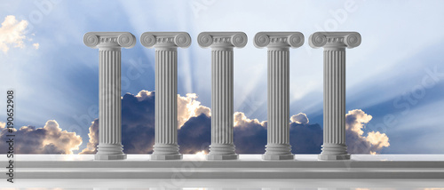Five marble pillars of islam or justice and steps on blue sky background. 3d illustration photo