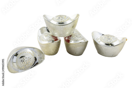 Decoration of chinese silver ingots isolated on white background